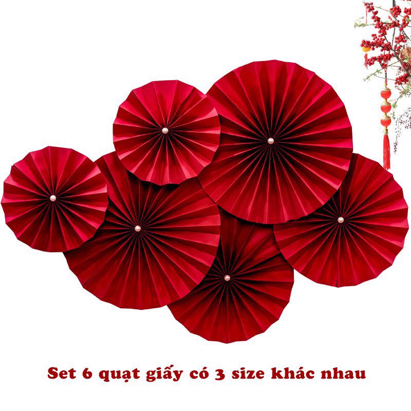 Set 6 quạt giấy đỏ 3 size kèm hạt ngọc trang trí Tết, quạt giấy đỏ trang trí chúc mừng năm mới_MC888