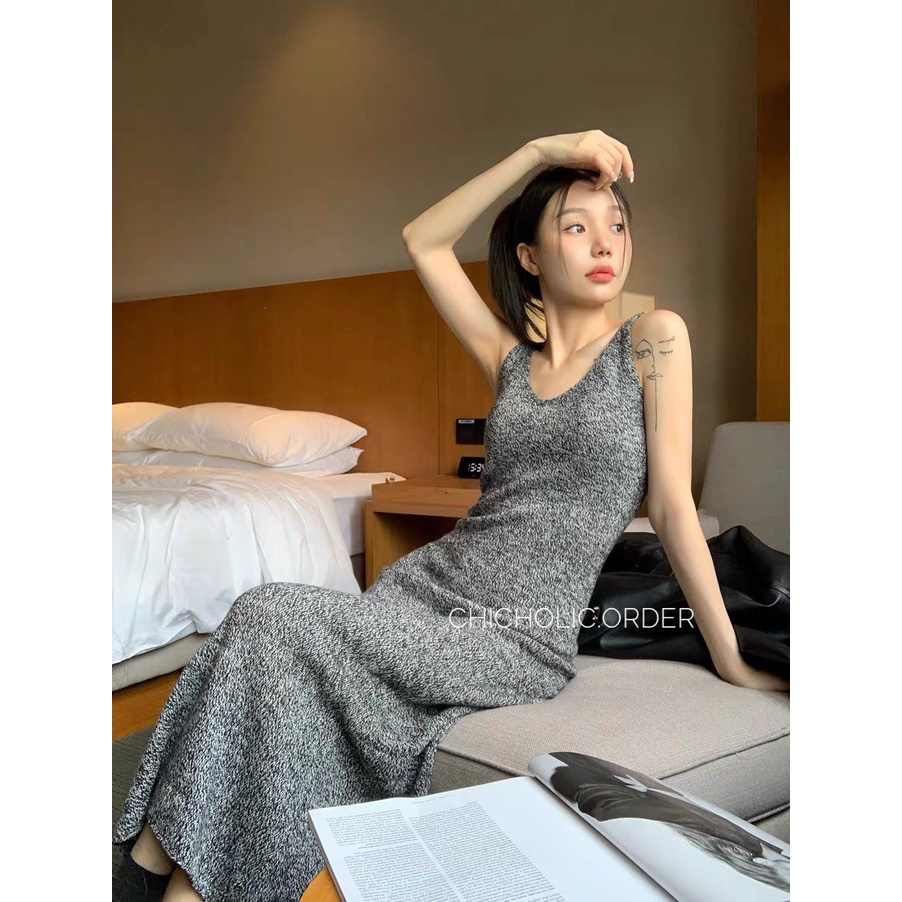 Váy hai dây màu muối tiêu dáng dài new hot phong cách retro