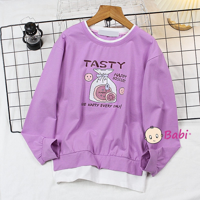 Áo thun tay dài mặc cặp mẹ và bé gái phong cách Hàn Quốc, Áo sweater tay dài phối tà cách cách điệu cho bé gái 20-62kg