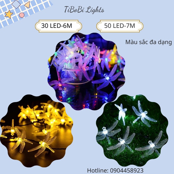 Đèn Led trang trí năng lượng mặt trời, đèn trang trí ngoài trời, trang trí noel lễ tết hình chuồn chuồn 30-50 bóng led
