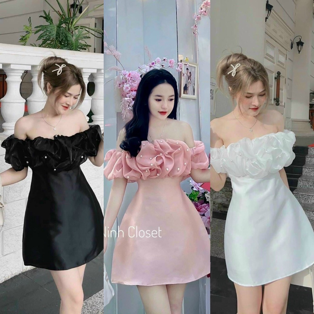 Đầm Váy Nữ Dáng Xoè Trễ Vai Voan Kiếng Đính Hạt Cườm Xếp Ly Bèo ( Có Mút Ngực ) Thiết Kế Sang Chảnh Đi Làm Công Sở