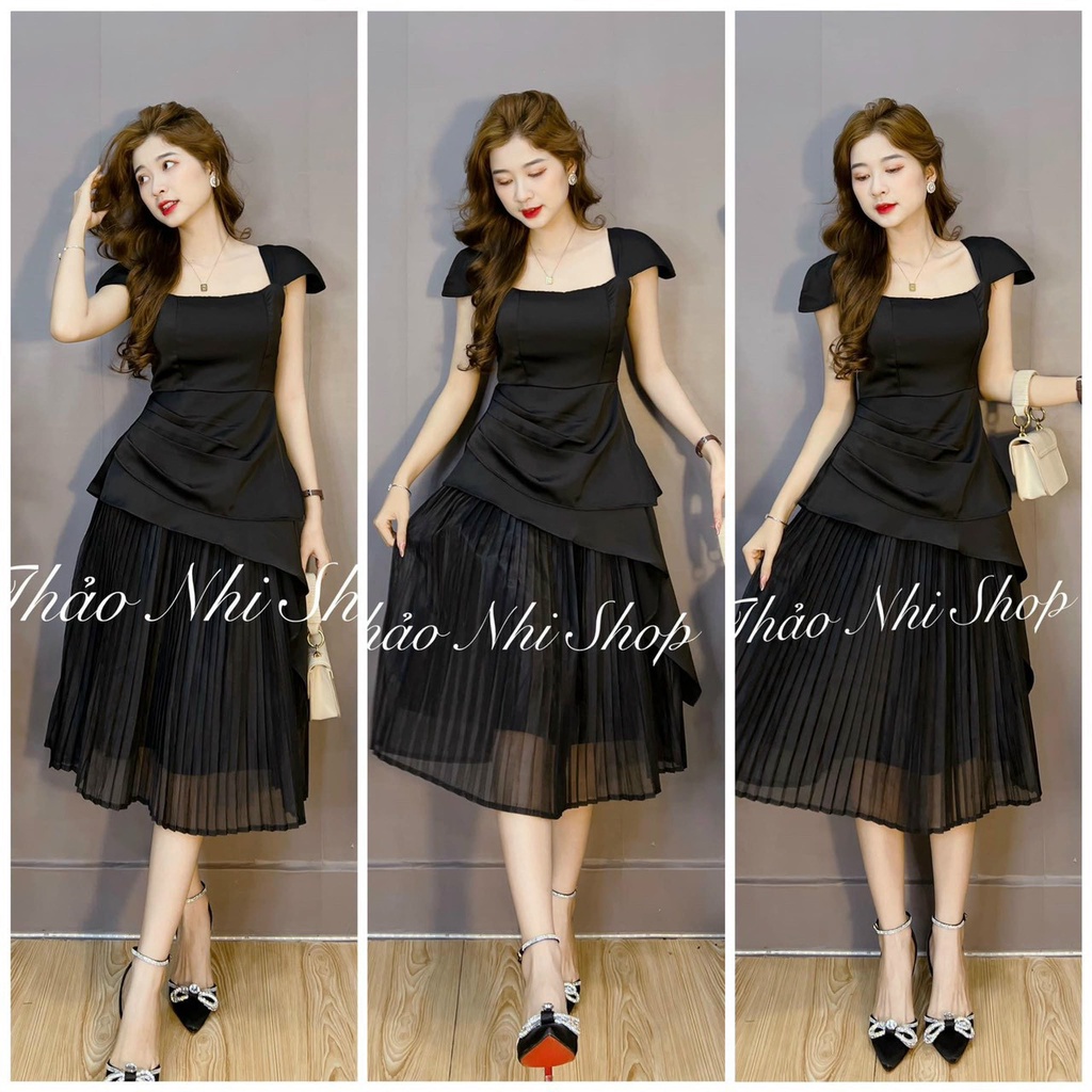 Set áo đen trễ vai phối nơ lệch tà chân váy midi xếp ly mẫu thảo nhi shop