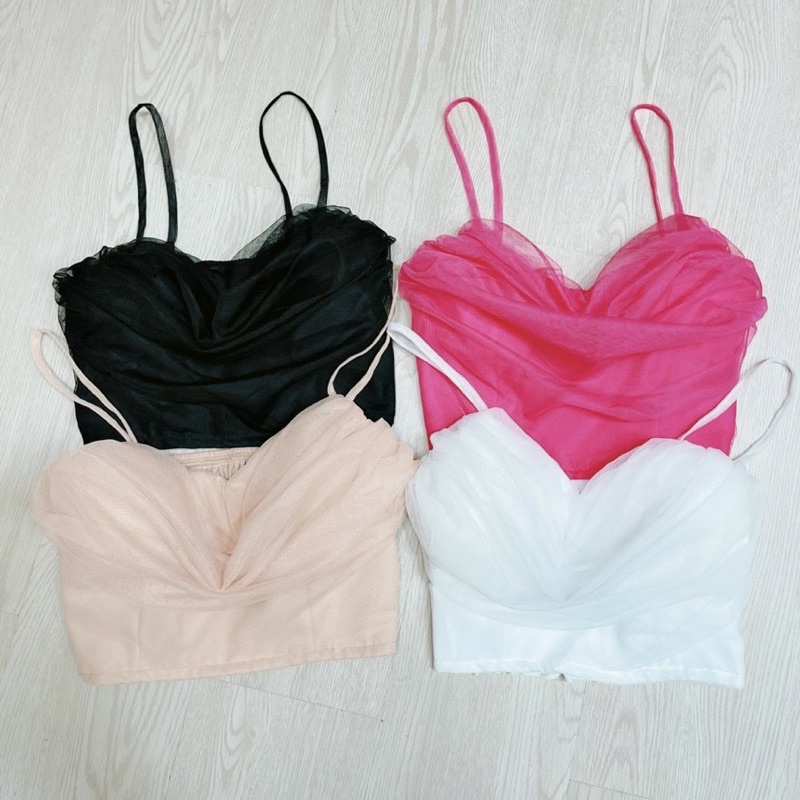 Áo croptop hai dây phối lưới 2 lớp nhún lưng ôm dáng có đệm ngực