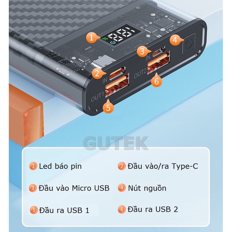 Sạc dự phòng pin 10000mah sạc nhanh 22,5W nhiều cổng USB Type-C đầu ra vỏ trong suốt - Gutek PD107