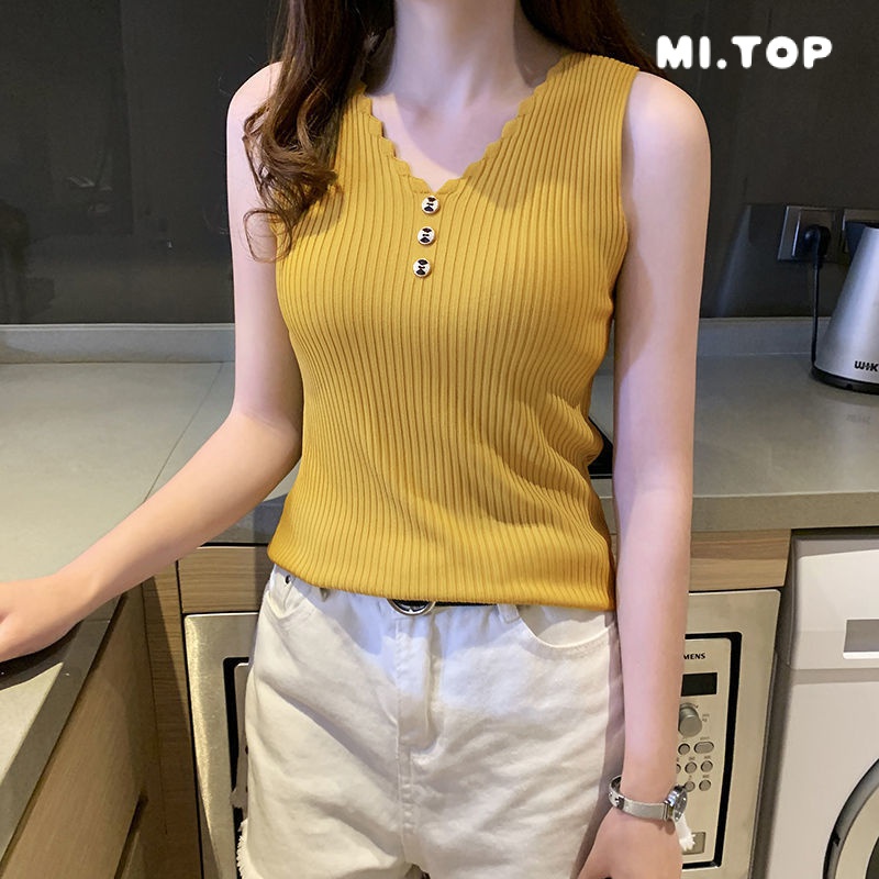 Áo Dệt Kim Sát Nách Dáng Rộng Cổ Chữ v Thời Trang Mùa Hè Cho Nữ 8073