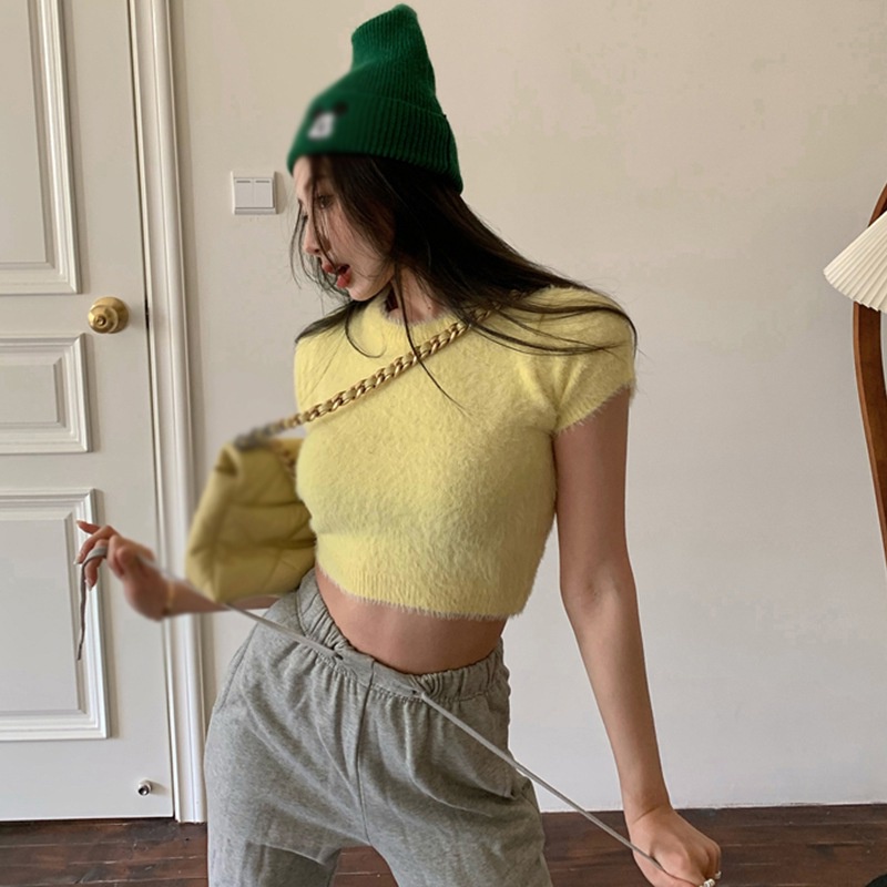 Áo Croptop Dệt Kim Tay Ngắn Cổ Tròn Phong Cách Hàn Quốc Thời Trang Cho Nữ