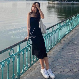 H.A.N STORE  Váy 2 Dây Thun Basic Đầm nữ dáng dài chất thun co giãn, màu đen trơn basic