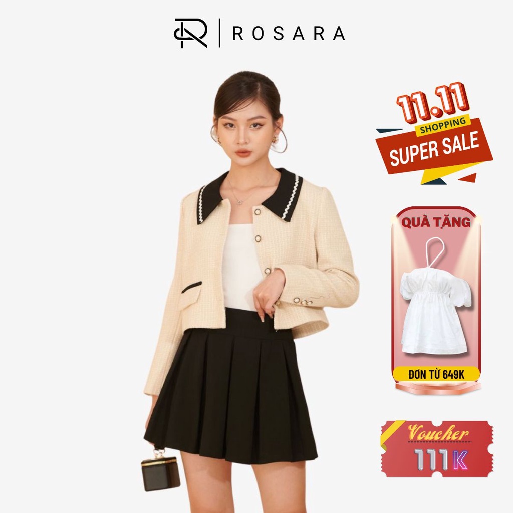Áo Khoác Dạ Tex Công Sở Nữ Thiết Kế Sang Trọng Phối Cúc Ngọc Cổ Cách Điệu Rosara KH15