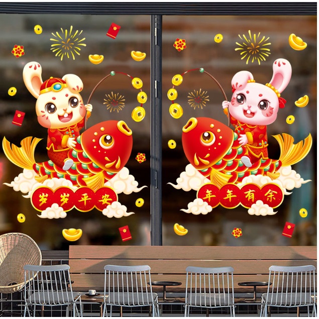 Decal trang trí Tết hít tĩnh điện - Thỏ cưỡi Cá Chép đỏ chào xuân