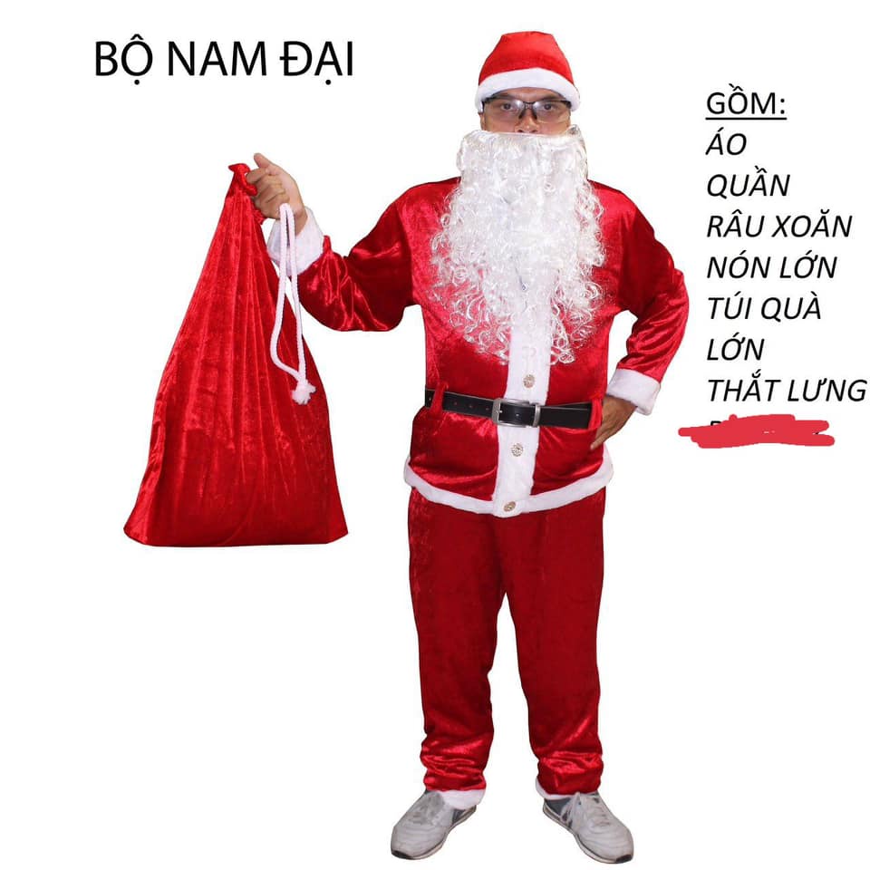 Bộ quần áo ông già Noel người Lớn bằng nỉ và nhung cao cấp (đủ phụ kiện mũ, nón, râu, túi,)