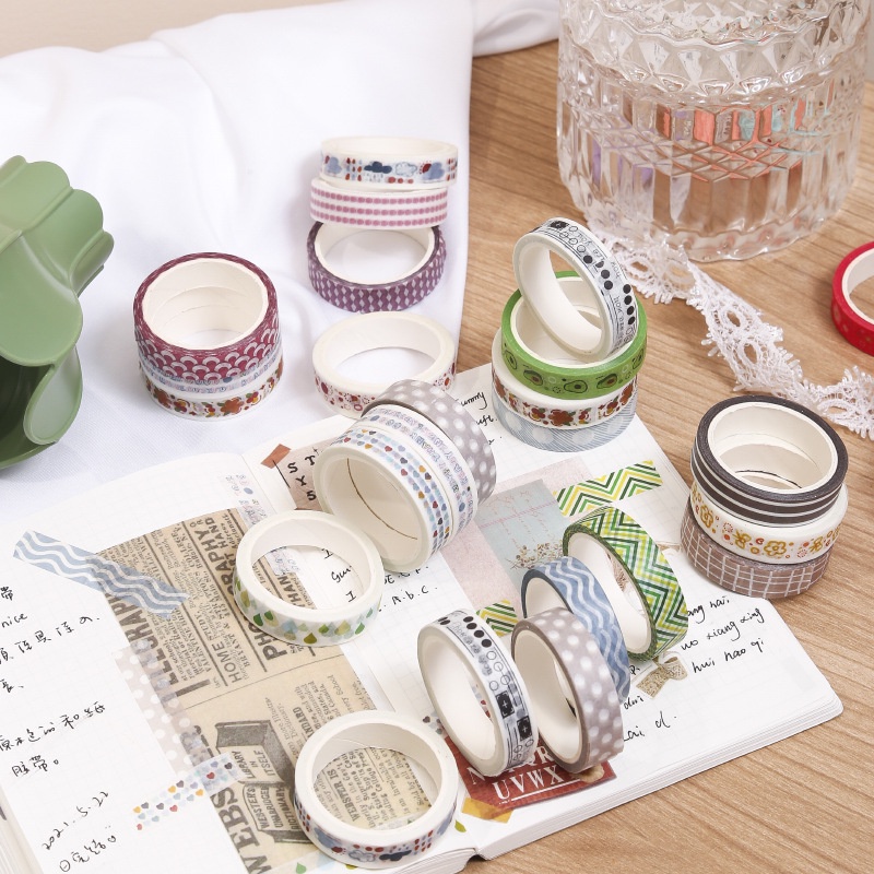 Set 3 Cuộn Băng Dính Giấy Họa Tiết Chấm Bi Trắng Đen Trang Trí Sổ Tay
