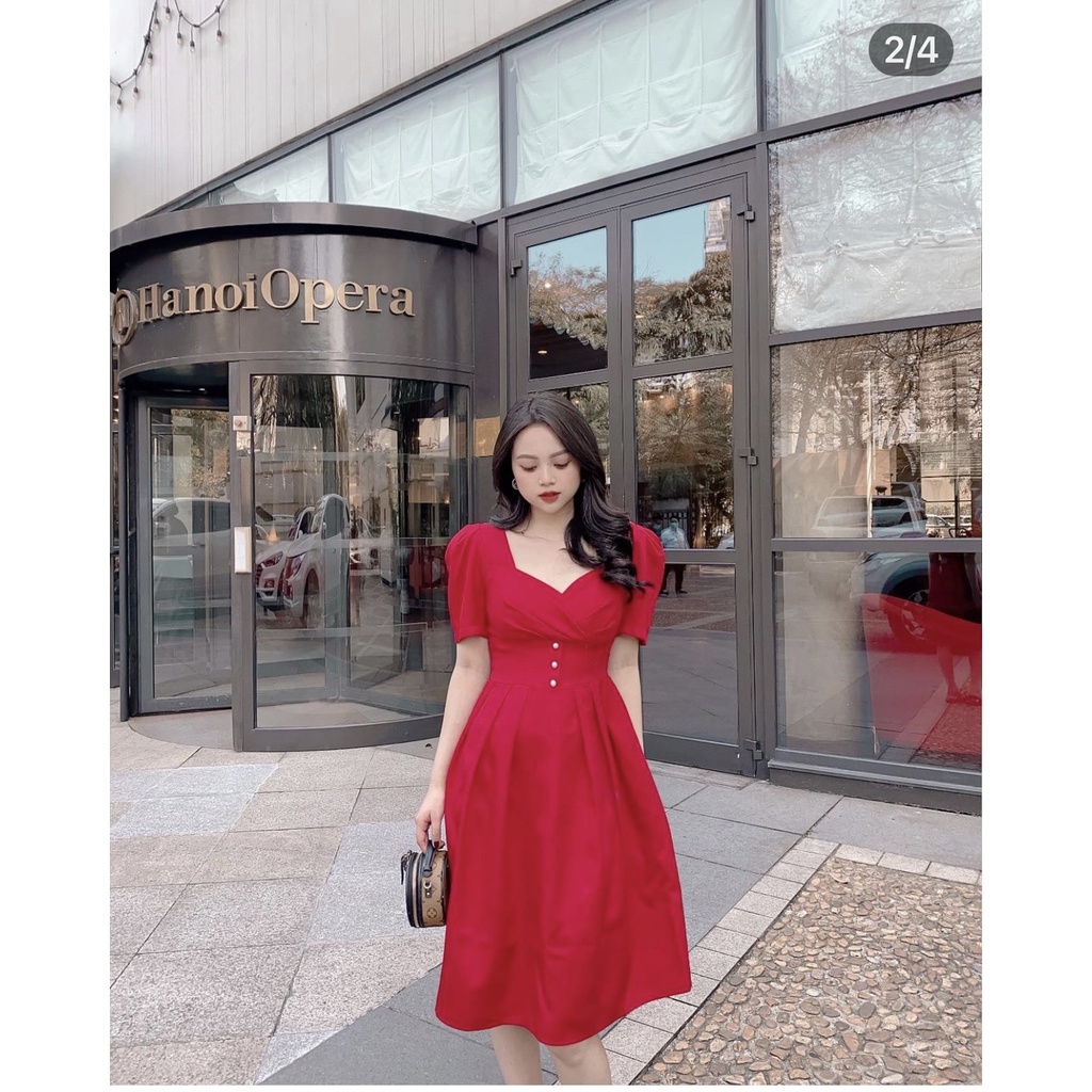 ĐẦM MIDI ĐỎ CỔ TIM NGỰC XẾP ĐÍNH 3 HẠT