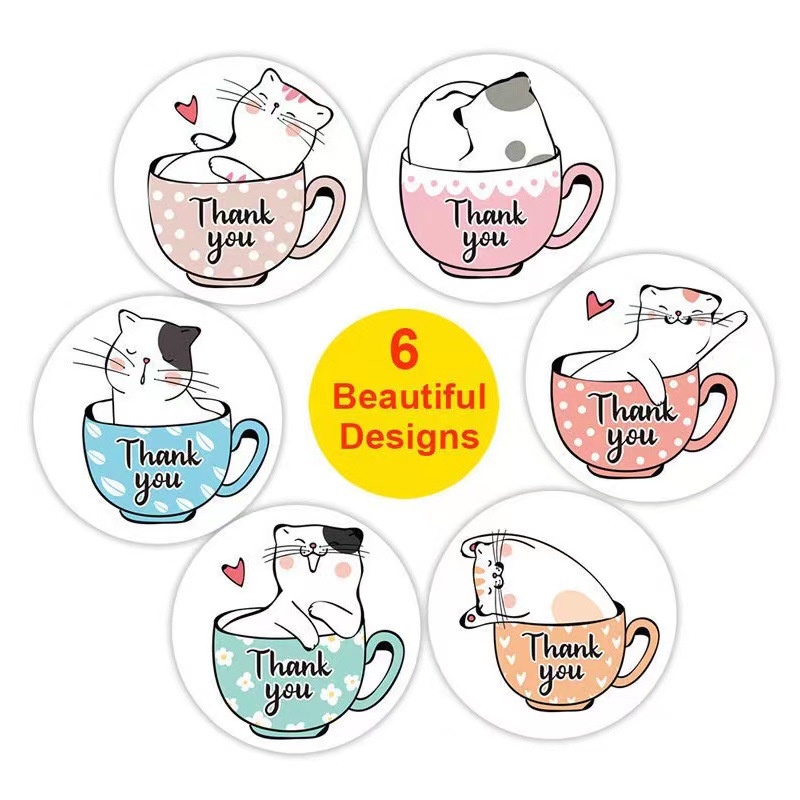 Cuộn 500 nhãn dãn cảm ơn, sticker thank you, tem tròn thank you, tem cảm ơn họa tiết mèo con