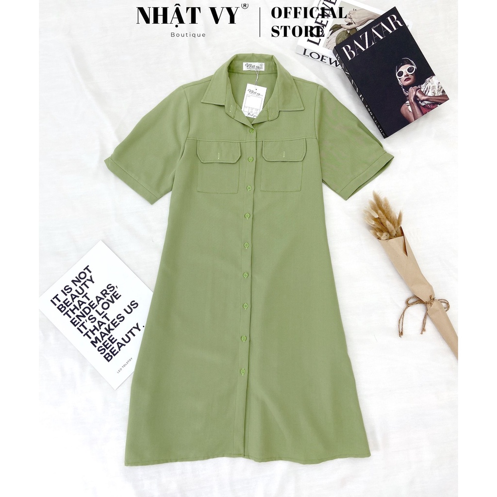 Đầm sơ mi công sở Nhật Vy tay ngắn cài cúc kèm túi trước ngực dáng suông chất cotton lụa gân phù hợp đi chơi - D2603