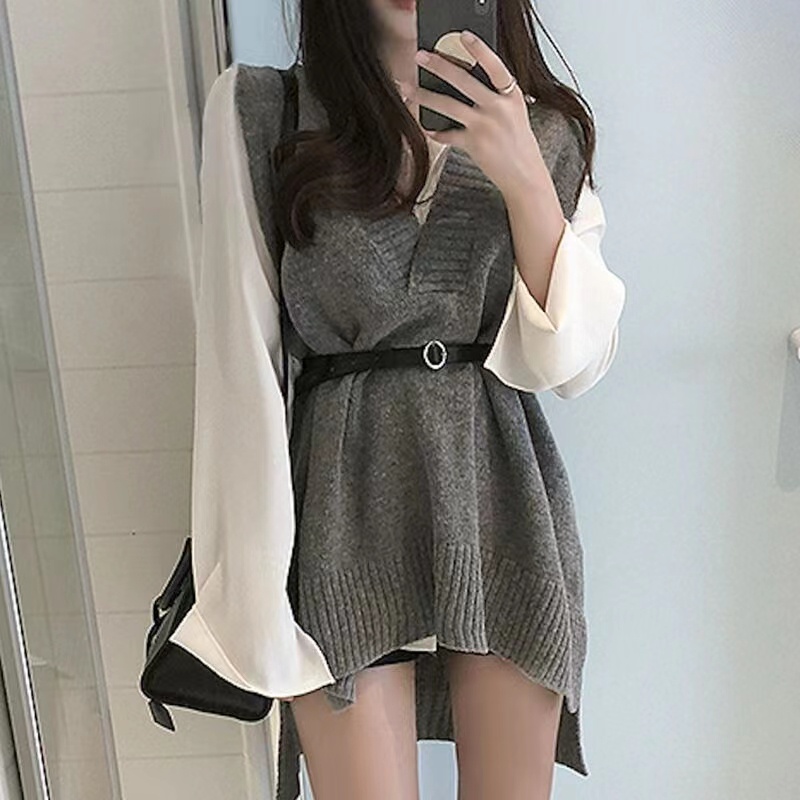 Áo dệt kim SUXI không tay phối thắt lưng phong cách Hàn Quốc thời trang thu đông cho nữ