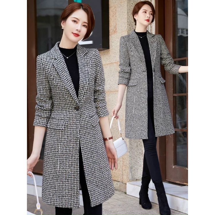 Áo Dạ Kẻ, Áo Khoác Măng Tô Dáng Dài Cổ Vest, Áo Dạ Tweed Ánh Kim Hai Lớp Cao Cấp Quảng Châu H47