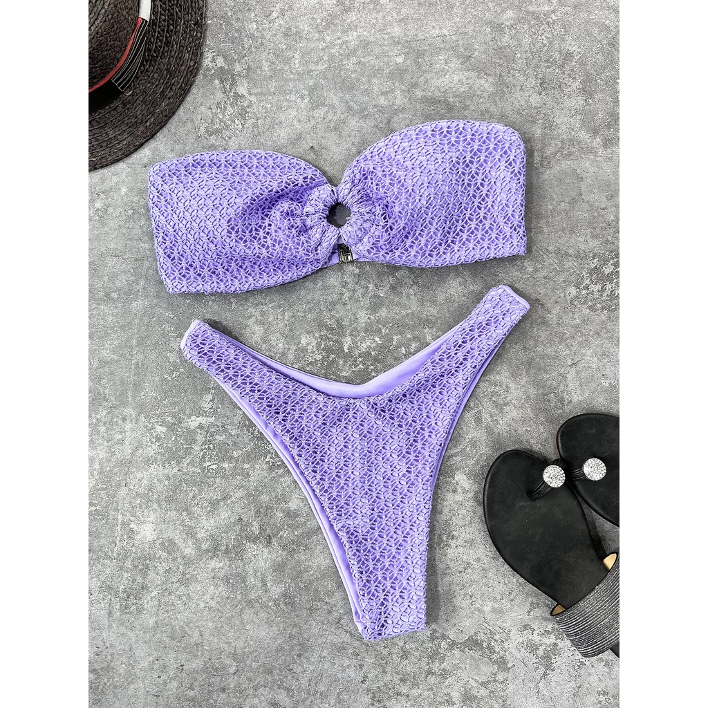 SET BIKINI ĐEN/TRẮNG/TÍM LILAC/HỒNG/XANH BLUE QUÂY VẢI VÂN KHUY TRÒN NGỰC