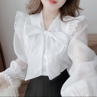 Áo sơ mi tiểu thư cổ nơ viền bèo 2 lớp sơ mi công sở