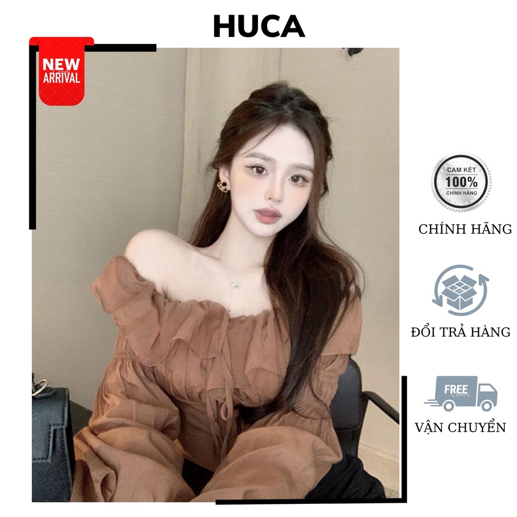 HUCA  Ao Nữ Kiểu Tiểu Thư,Áo Trễ Vai , Dáng Tay Ngắn, Tay Dài, Chất Vải Dày Dạn, Co Giãn AO 0K Douyin