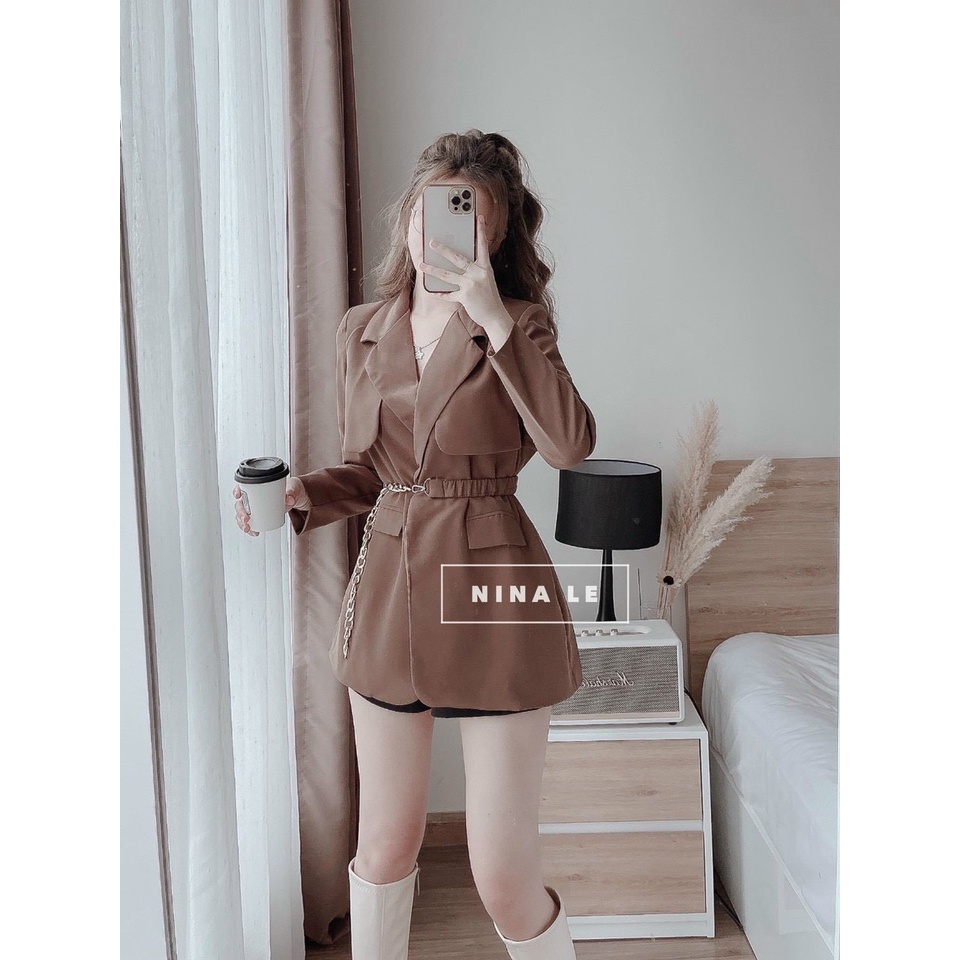 Sét khoác nữ thời trang mặc đi chơi chất tuyết mưa cổ vest tay dài thắt eo mix quần đùi cao cấp