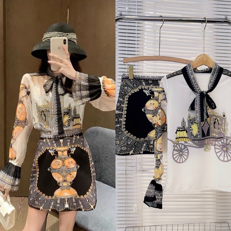 Set lụa hoạ tiết áo kiểu tay dài loe + chân váy ngắn chữ A thời trang nữ hot girl thiết kế sang trọng đi dự tiệc sự kiện