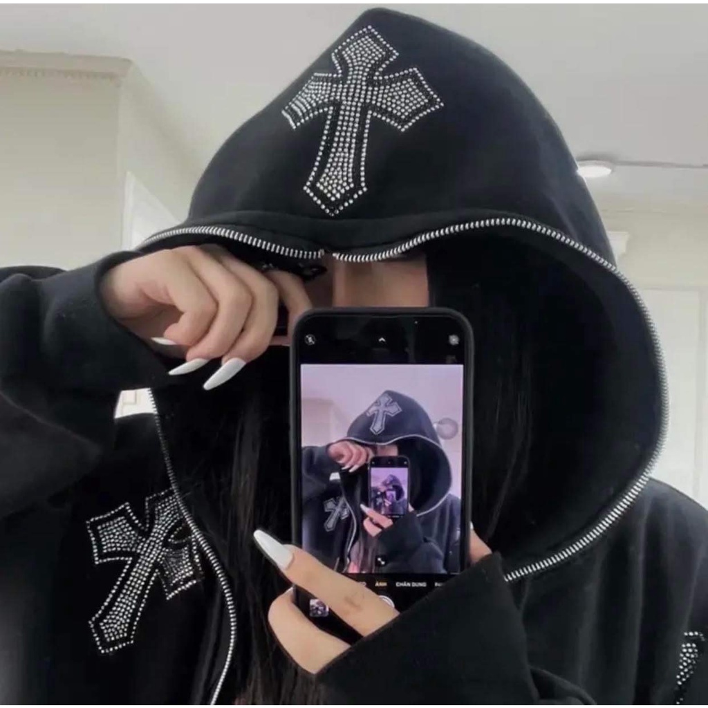 Áo Hoodie Đính Đá Chữ Thập, Áo Khoác Nỉ Kéo Khóa Đính Đá