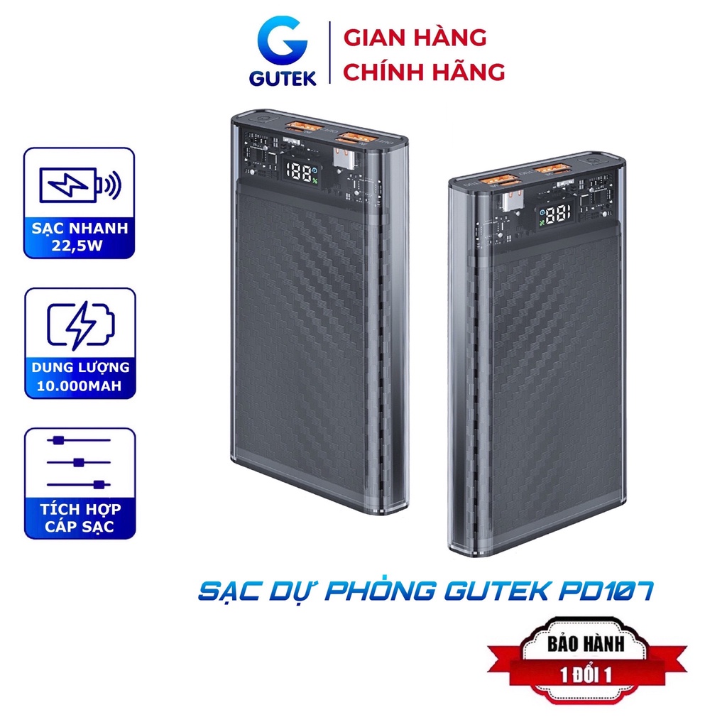 Sạc dự phòng pin 10000mah sạc nhanh 22,5W nhiều cổng USB Type-C đầu ra vỏ trong suốt - Gutek PD107