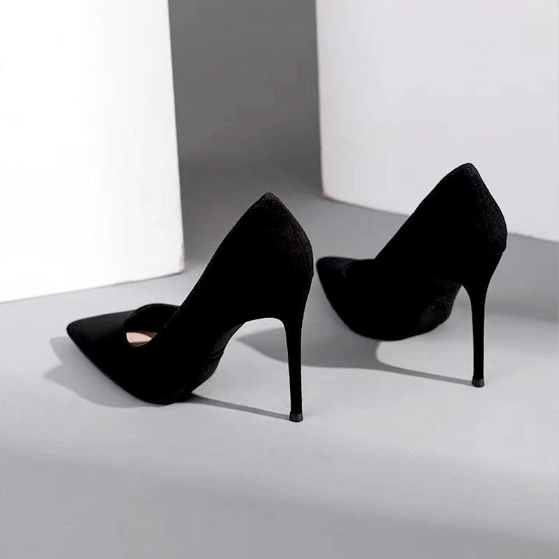 Giày Cao Gót Da Lộn Mũi Nhọn Màu Đen Phong Cách Pháp Thời Trang Mùa Thu 2022 Cho Nữ