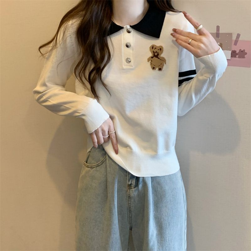 Áo Sweater Tay Dài Cổ Polo Thêu Hình Gấu Dễ Thương Thời Trang Mùa Thu Cho Nữ
