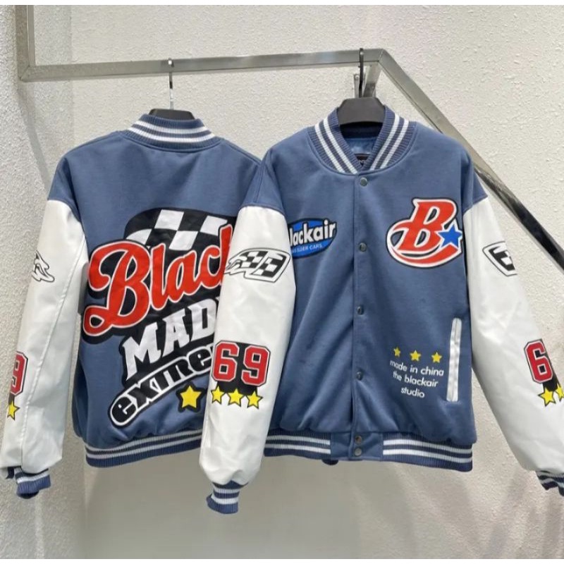 Áo khoác varsity Black made extreme chất nỉ 2 lớp phối tay da