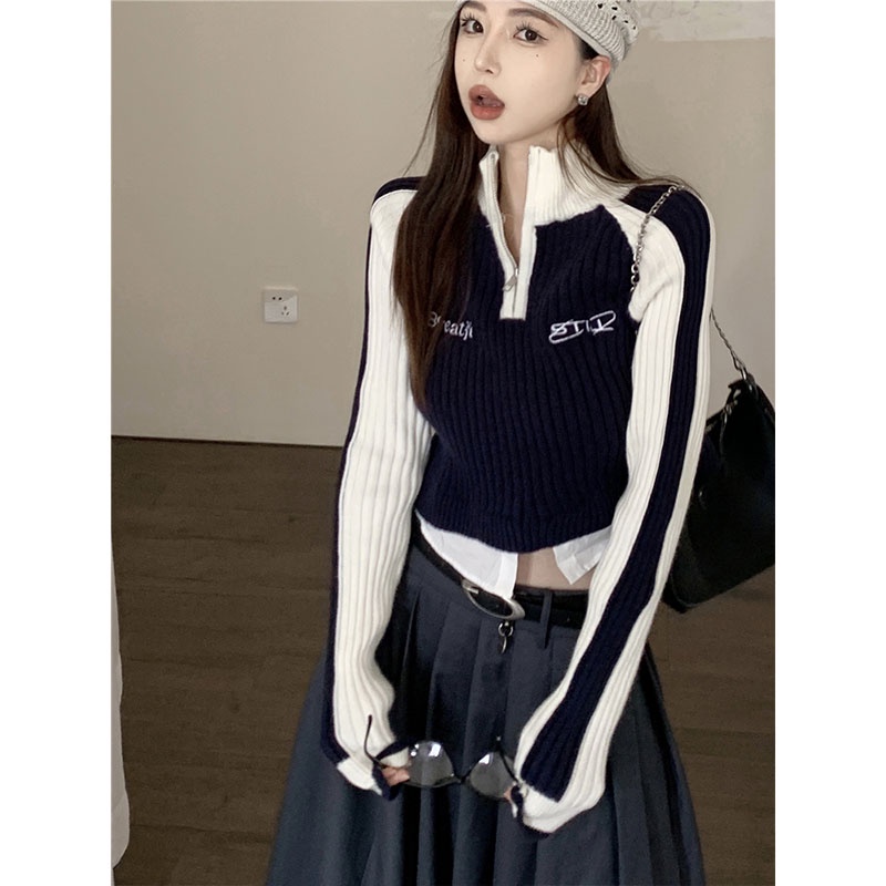 Áo Len Tay Dài Cổ Đứng Giả Hai Lớp Phối Màu Tương Phản Phong Cách Hàn Quốc Thời Trang Cho Nữ