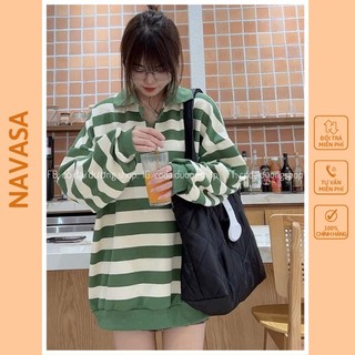 Áo polo nỉ sọc nam, nữ dài tay form rộng phong cách hàn quốc navisa m474