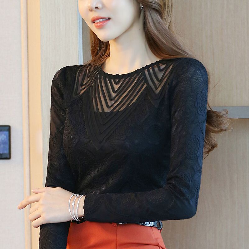 Áo Nữ Tay Dài Cổ Tròn Phối Ren Thời Trang Thu Đông Phong Cách Hàn Quốc