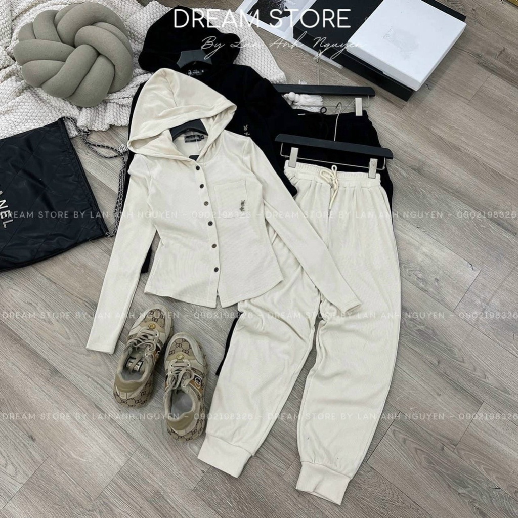 (FreeShip) Sét bộ thun gân co giãn mềm mịn,áo tay dài cài nút có nón kèm quần bo chân có túi