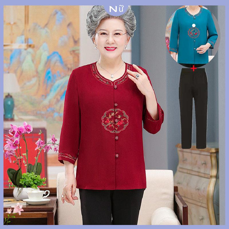 Áo Sơ Mi Họa Tiết Thêu Thời Trang Xuân Hè Cho Phụ Nữ Trung Niên 60-70 Tuổi