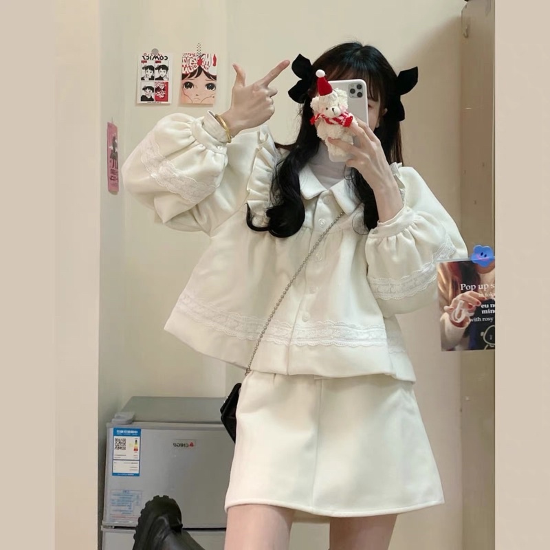 Set Áo Tay Dài Bồng Dáng Babydoll Cổ Bẻ Và Chân Váy Chữ A Xinh Xắn