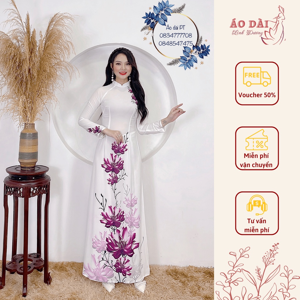 Áo dài nữ màu trắng in hoa leo tím chất lụa tây Cao Cấp siêu đẹp