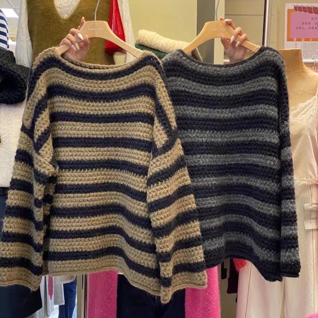 Áo Sweater Dáng Rộng Họa Tiết Kẻ Sọc Thời Trang Thu Đông Phong Cách Mới 2022 Cho Nữ