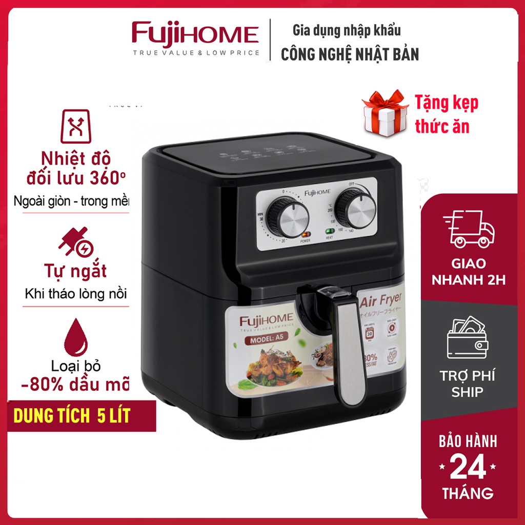Nồi chiên không dầu 5L nhập khẩu Fujihome CN Nhật Bản, Nồi chiên k dầu cơ 5 lít tự ngắt không hơi nước, tiết kiệm điện