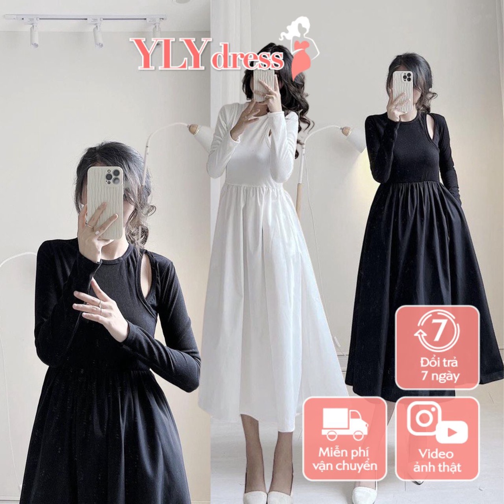 Váy xòe dáng dài, đầm nữ dài tay khoét vai midi trơn basic hàn quốc dài qua gối freesize hàn quốc Ylydress C1232