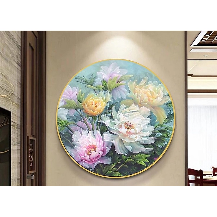 Tranh treo tường tráng gương hoa mẫu đơn tranh tròn tranh decor phòng tặng đinh 3 chân