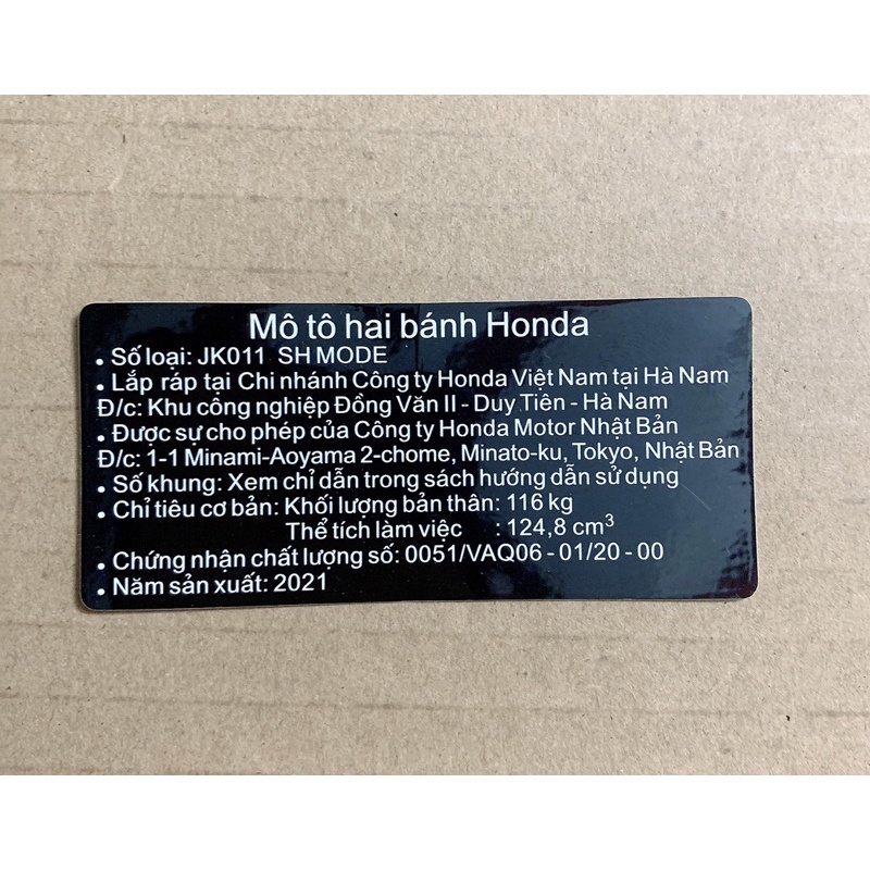 Tem năm sản xuất 2021 các dòng xe Honda .. Tem zin chuẩn hãng honda