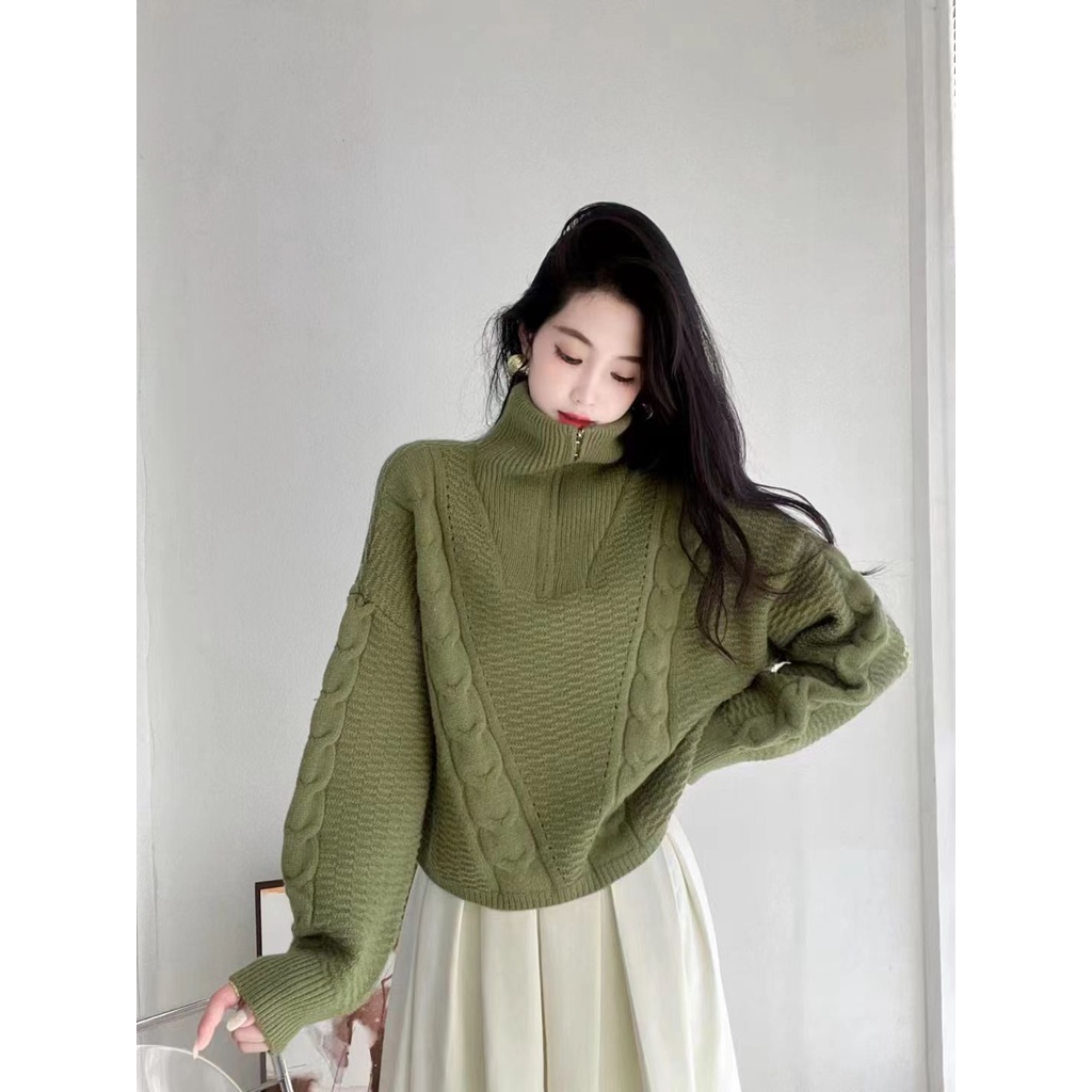 Áo len ZHELIHANGFEI dệt kim tay dài dáng rộng cổ đứng phối khóa kéo cá tính cho nữ