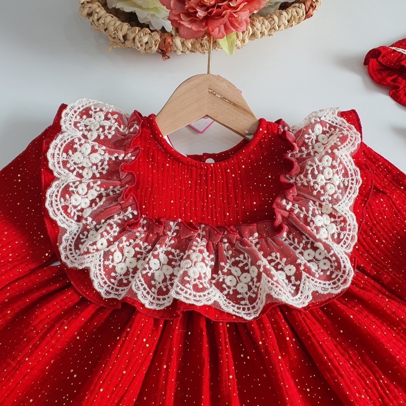 Váy Xô Muslin Đỏ Phối Ren, Body Váy Tơ Đỏ Nơ Xinh Xắn Cho Bé Gái Sơ Sinh