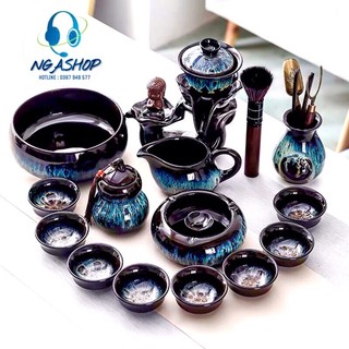 Bộ ấm chén pha trà đẹp Cối xay gốm sứ cao cấp,Bộ chén uống trà đạo hoả biến phật thiền trên đàu sen màu nâu tím -M04