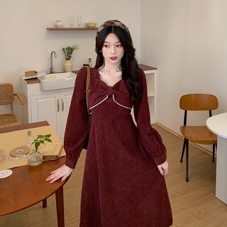 Váy Nhung gân thắt nơ viền ngọc siết eo có bigsize cho nữ