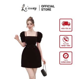 Váy nhung đỏ đen dự tiệc lecoong v223 đính hoa nổi đẹp tay bồng dáng ngắn