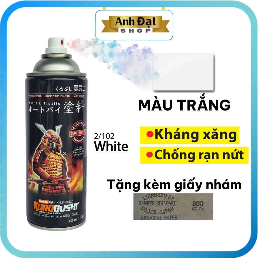 Sơn xịt samurai màu trắng 102, dung tích 400ml, có khả năng kháng xăng (A92, A95), chống rạn nứt, bình xịt