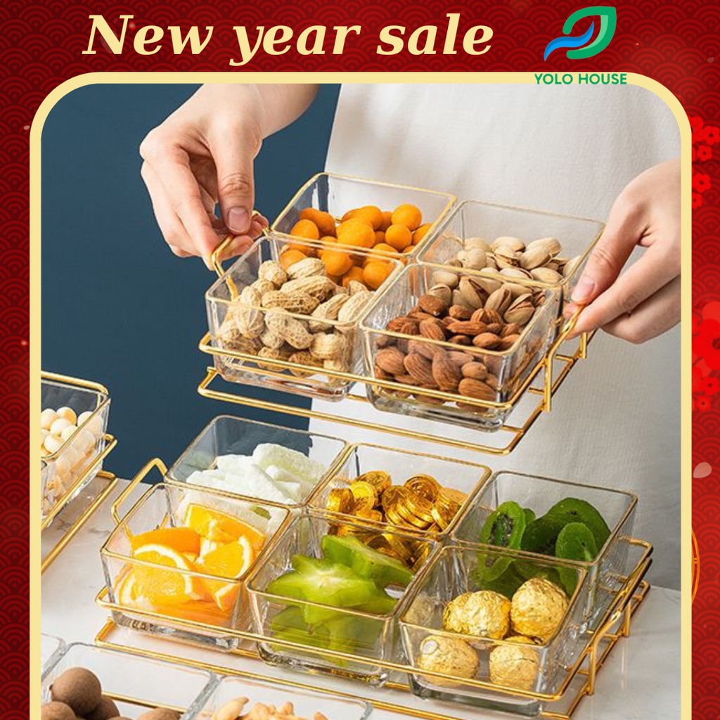 Khay đựng bánh kẹo tết thủy tinh 4 hũ và 6 hũ, hộp đựng mứt, hoa quả , Khay thuỷ đựng mứt tết sang trọng