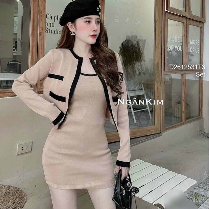Set áo khoác tay dài phối viền+ đầm 2 dây ôm body dáng ngắn!
